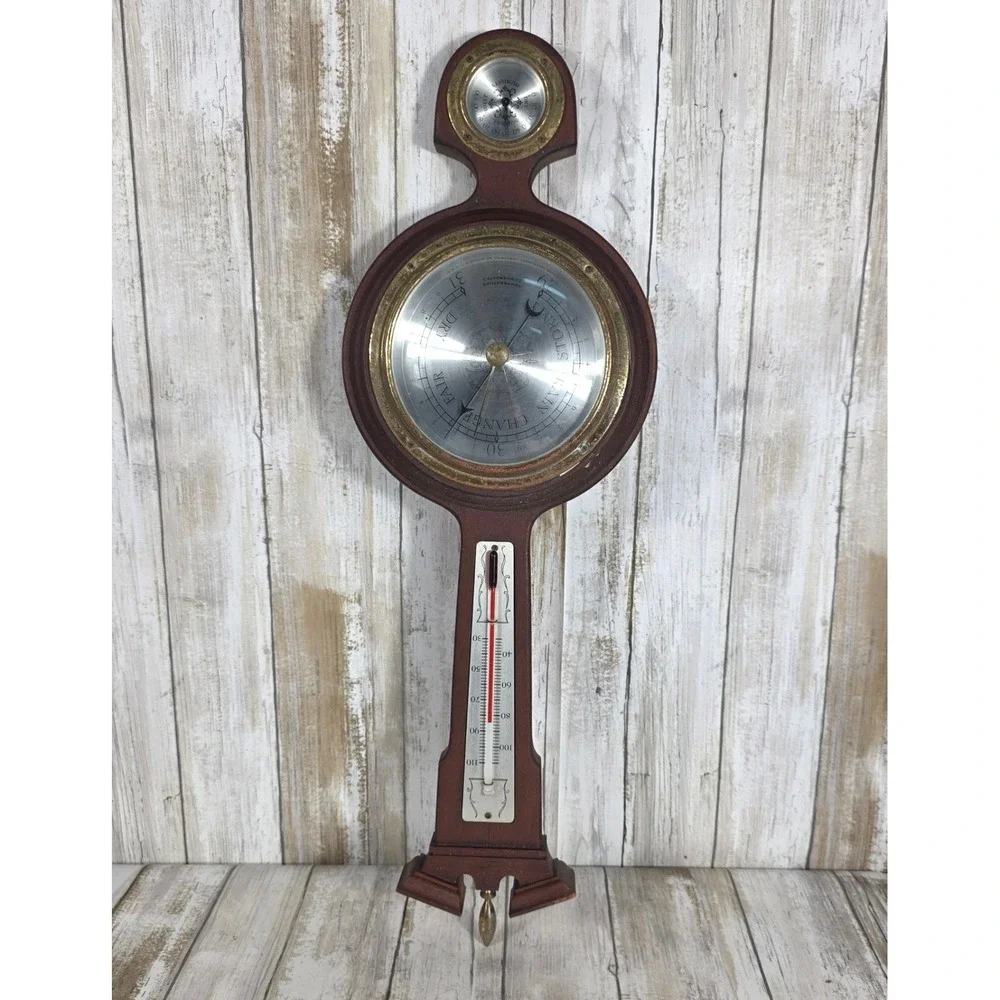 VTG Taylor Mahogany Banjo Wood Weather Station Barometer Thermometer Mid Century
